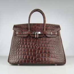 Hermes Birkin 35Cm Crocodile Big Stripe Handbags Dark Coffee Silv